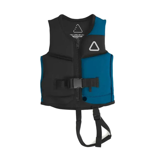 Black and blue infant water sports vest with front zip, buckle, and safety strap.