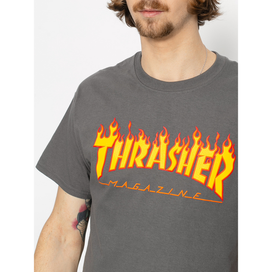 Charcoal grey Thrasher flame logo t-shirt, skateboarding streetwear, Welcome Boardstore