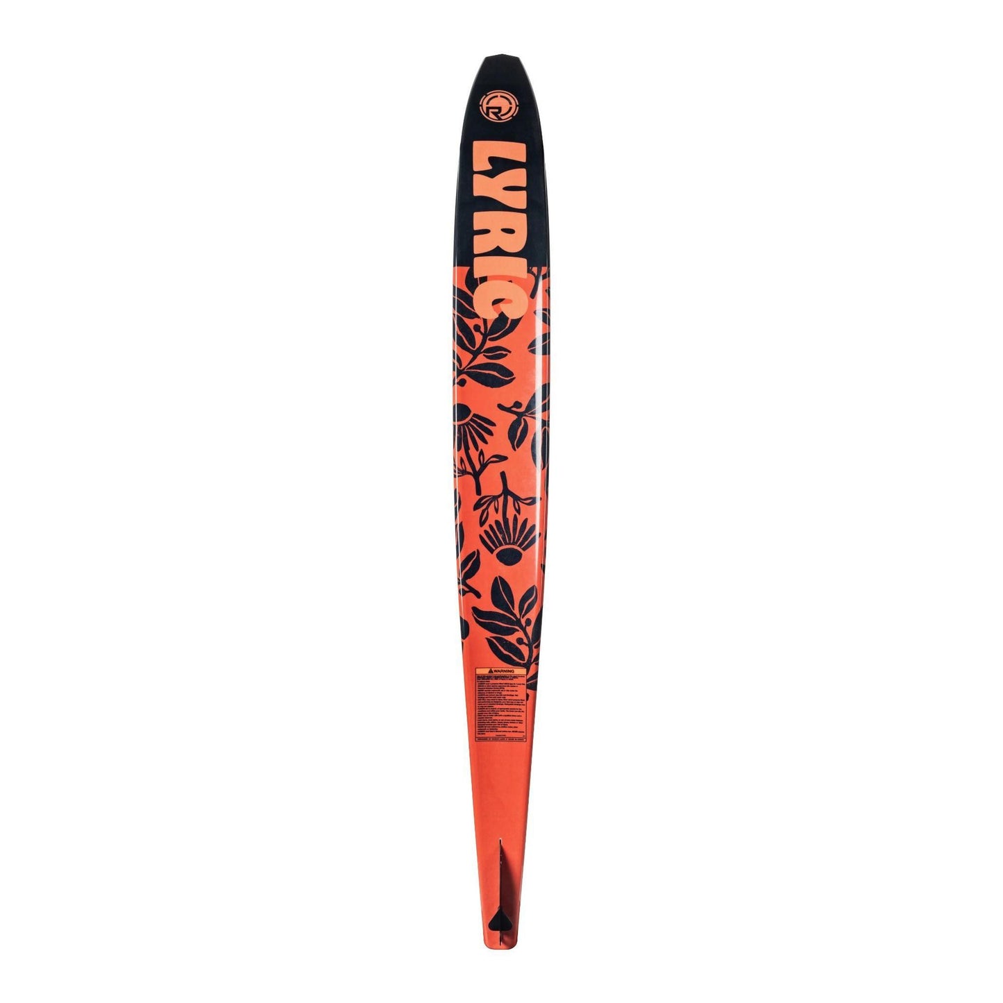 Radar Lyric Graphite orange water ski with black floral graphics, base view