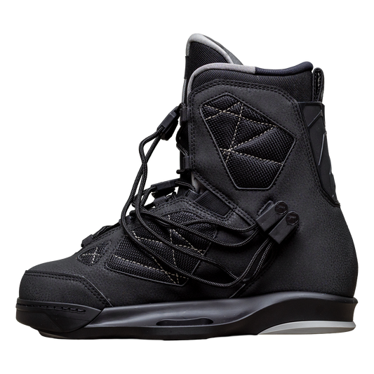 2027 Liquid Force Rival 6X Wakeboard Binding Black — angled view showing dual-zone lacing and upper cuff flex zone