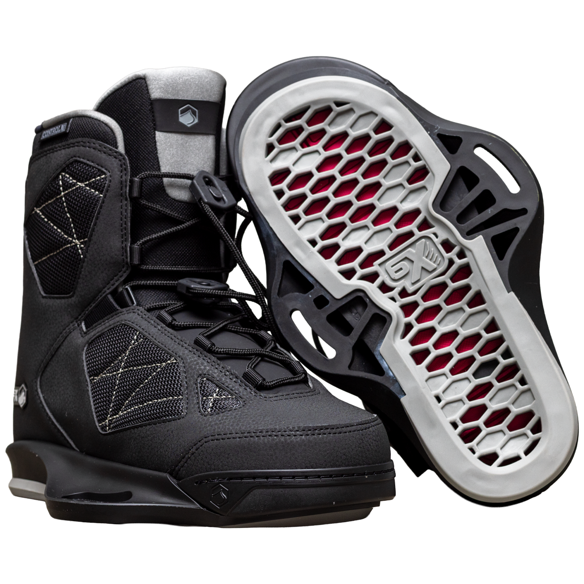 2027 Liquid Force Rival 6X Wakeboard Binding Black — pair showing Honeycomb FlexFloor and 6X chassis base