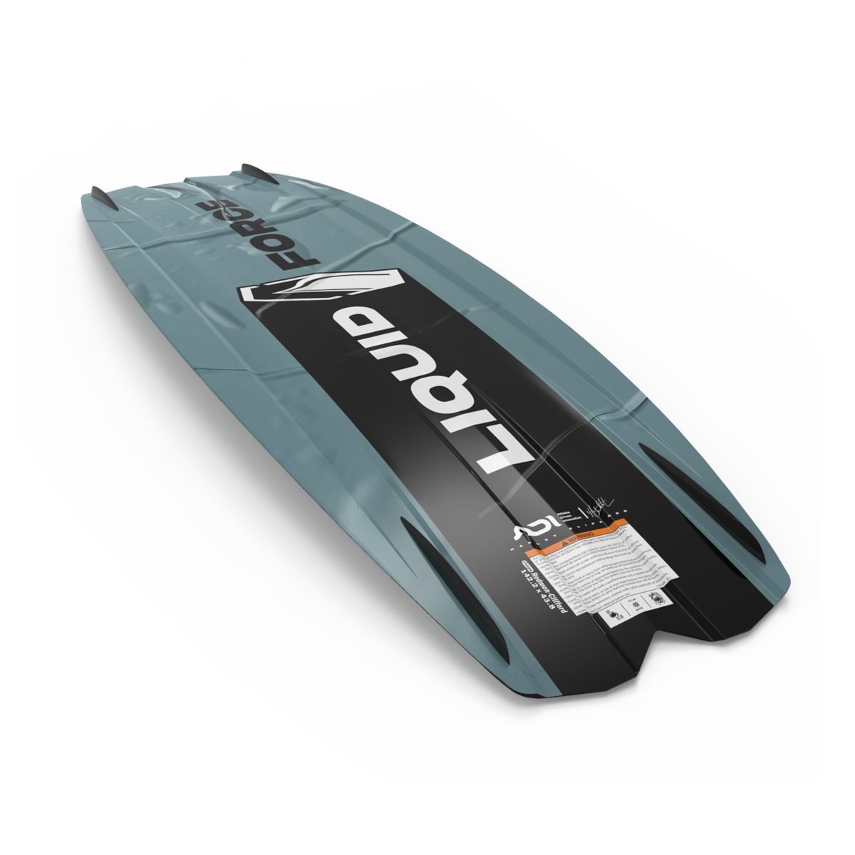 2027 Liquid Force Remedy Wakeboard — angled base showing triple concave hull with edge channels and bladed quad RX fins