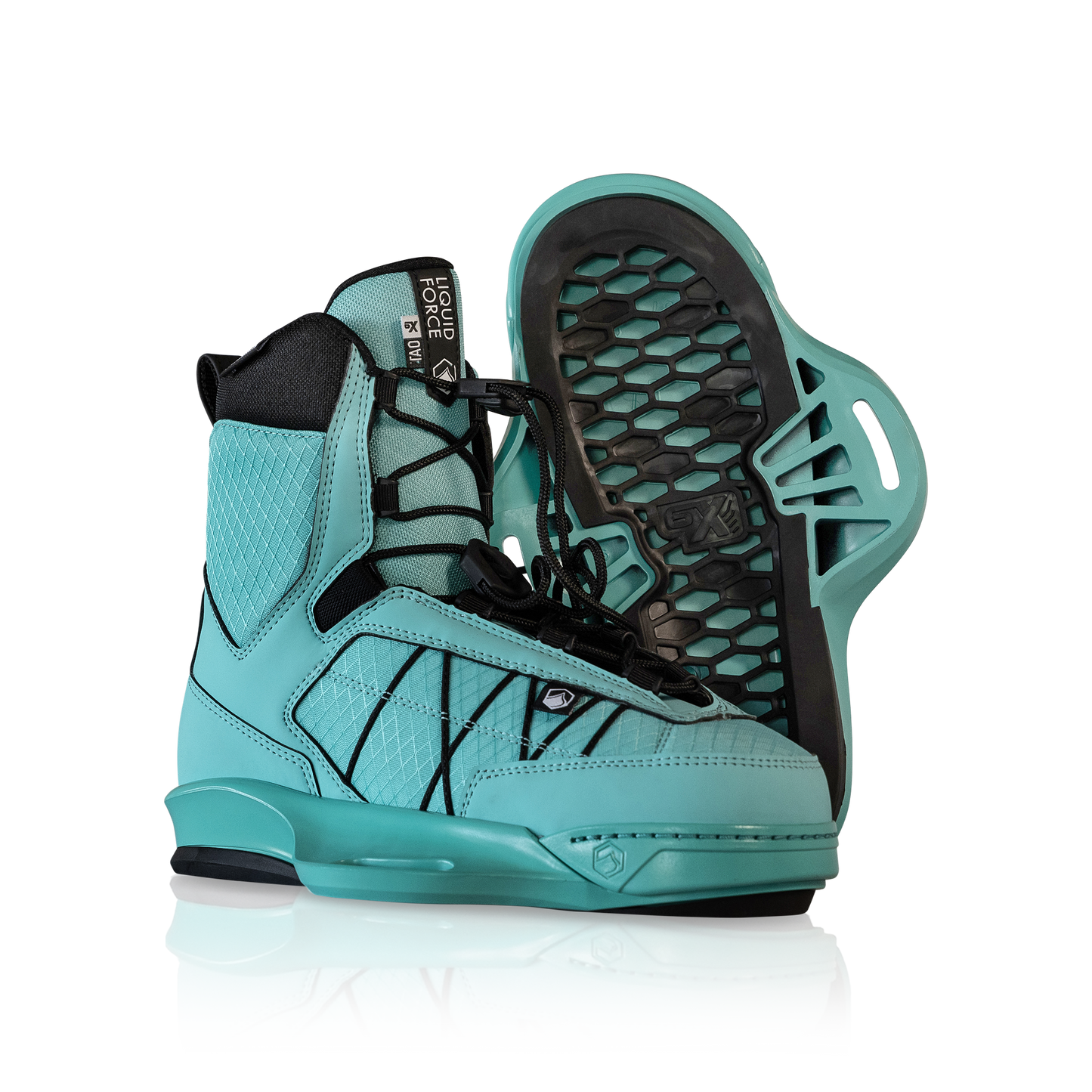 2027 Liquid Force Tao 6X Wakeboard Binding Mint — pair showing Honeycomb FlexFloor and 6X chassis base