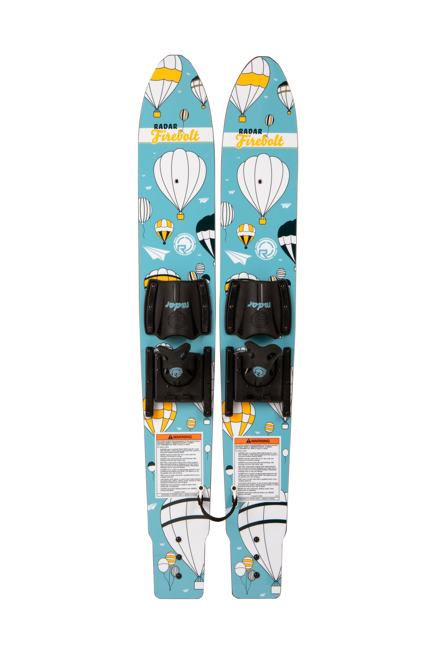 2027 Radar Firebolt combo skis Color Me Hot Air Balloons — pair with stabiliser bar and horseshoe bindings