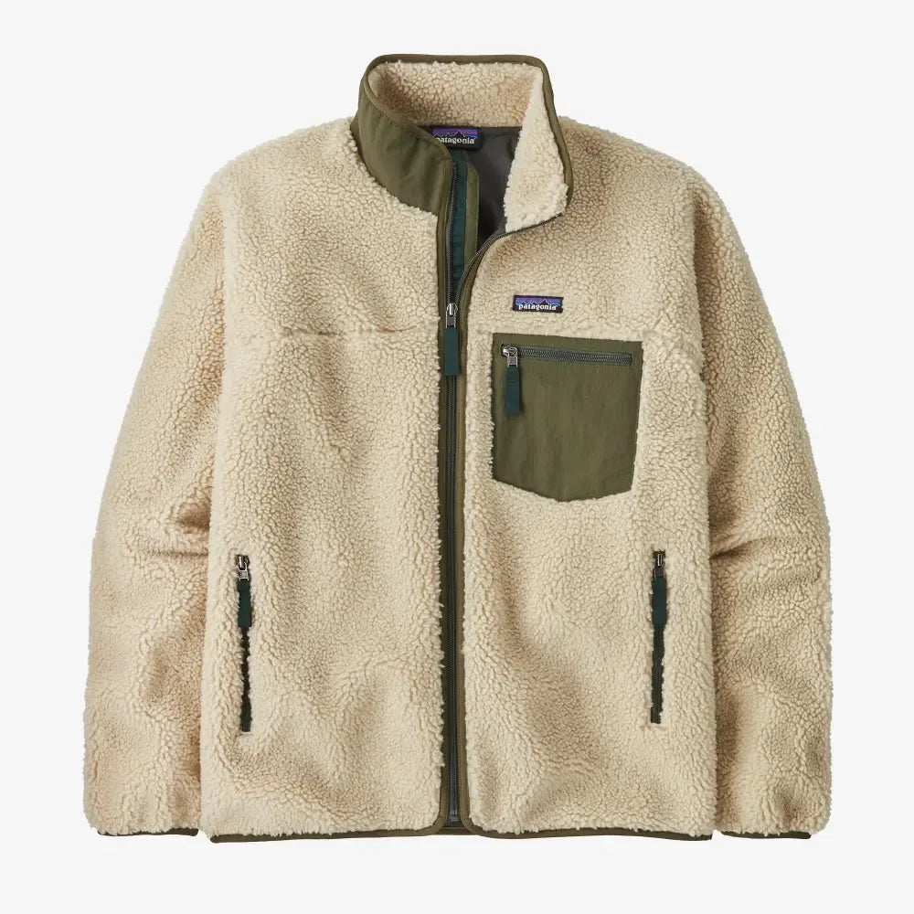 Beige fleece jacket with green accents on a white background welcome boardstore