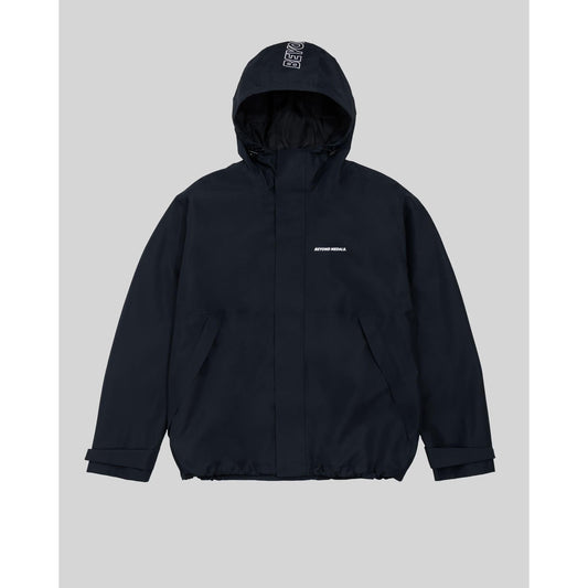 Black waterproof snow jacket with hood, front pockets, and white logo text on chest and hood