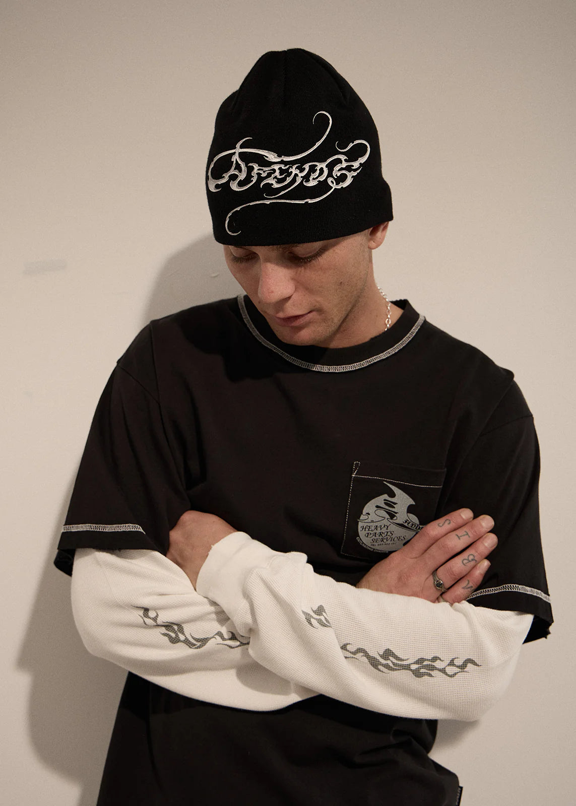 Afends Razor Skull Beanie - Black worn