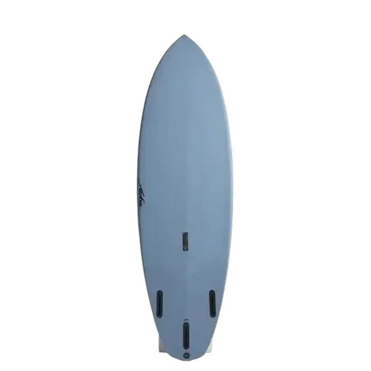Twin fin blue surfboard with quad fin setup, surf essentials from Welcome Boardstore