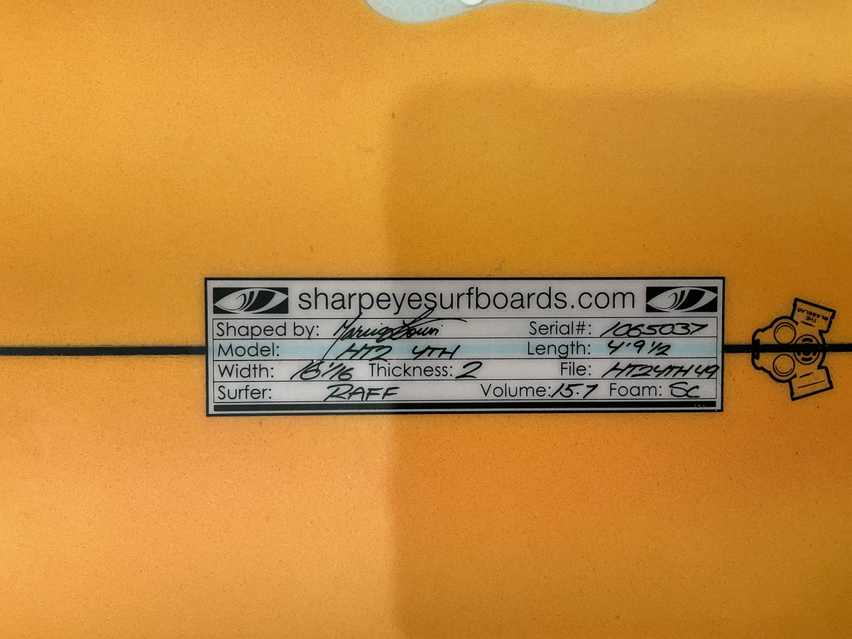 Close-up of the Sharpeye HT2 Youth surfboard dimensions label