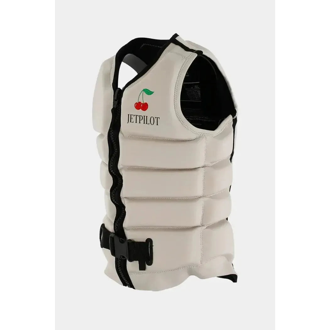 Jetpilot off-white wakeboard vest with cherry graphic, durable buckled closure