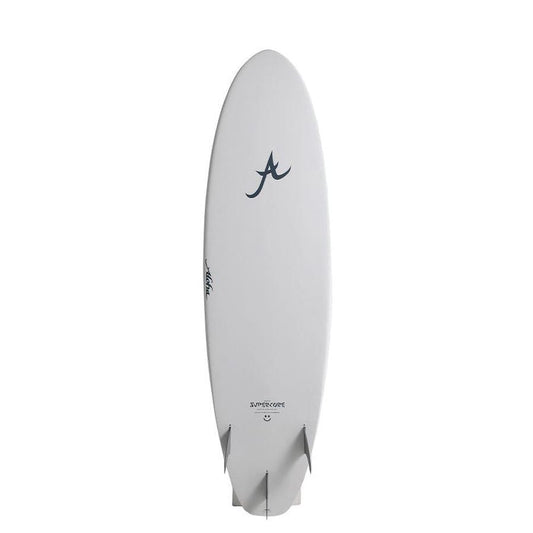 White surfboard with logo and unique twin fin setup, essential surf equipment