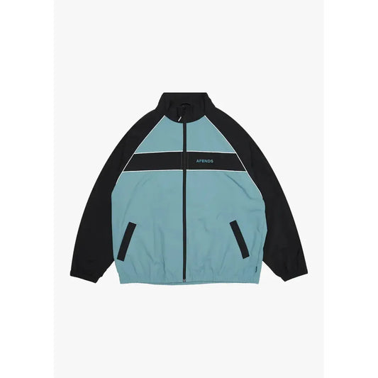 Two-tone black and light blue jacket with brand logo on a white background