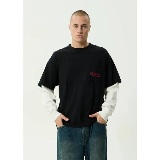 Afends Drop Zone Layered Waffle Long Sleeve Boxy Tee - Black