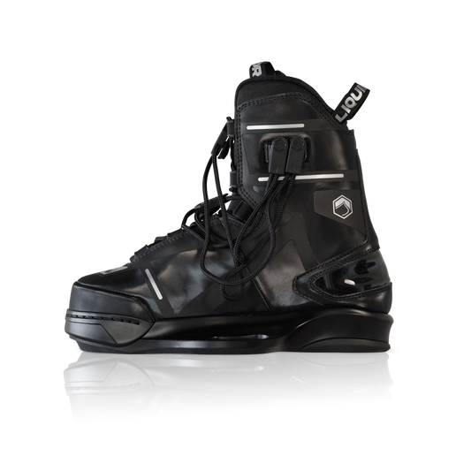 2027 Liquid Force Aero 6X Wakeboard Bindings Black - angled view showing dual-zone lacing and 6X chassis
