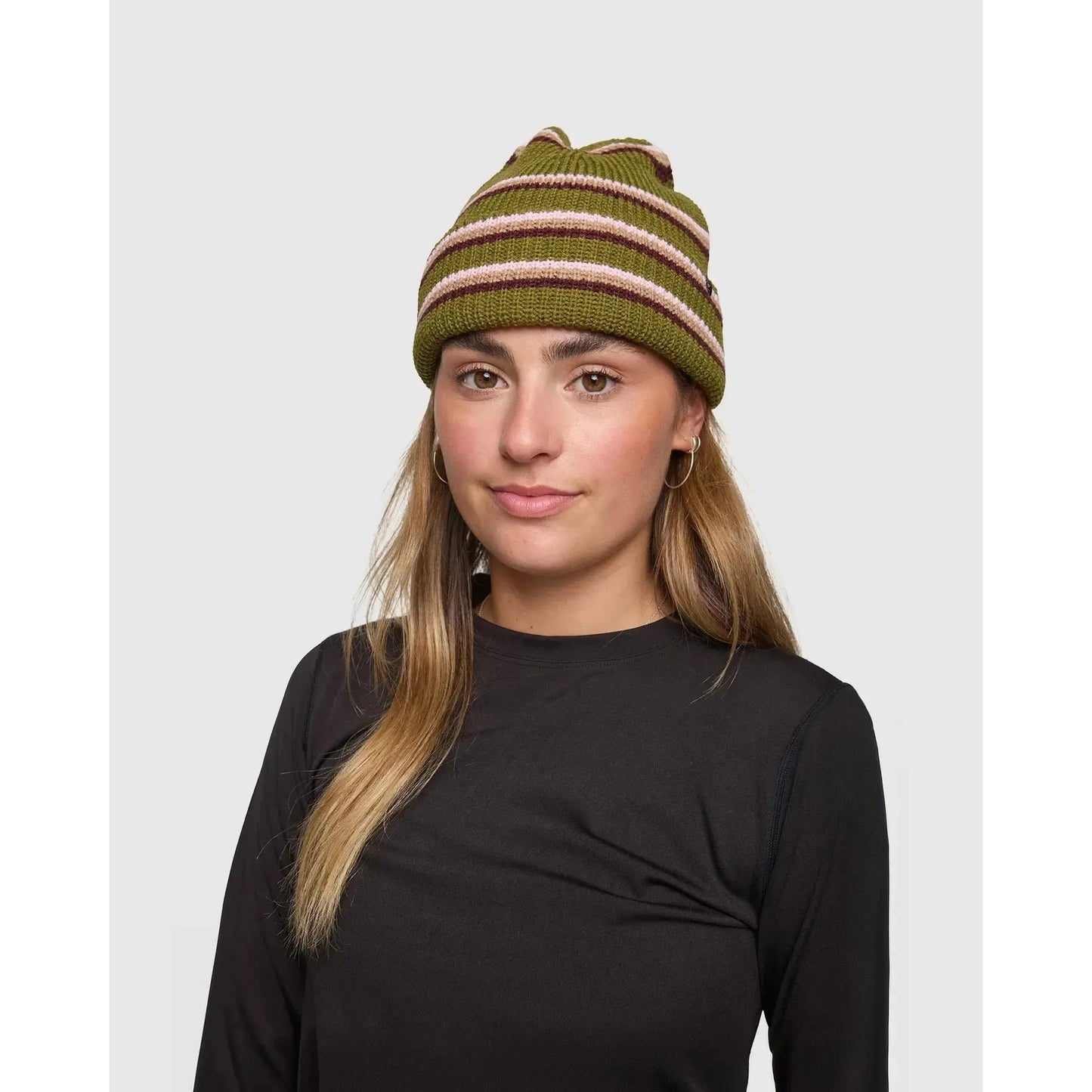 Person wearing a green striped beanie on a plain background