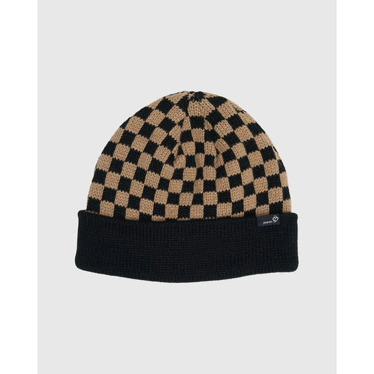 Rojo Cosy Check Beanie Checkered beanie with black and beige pattern on a light gray background
