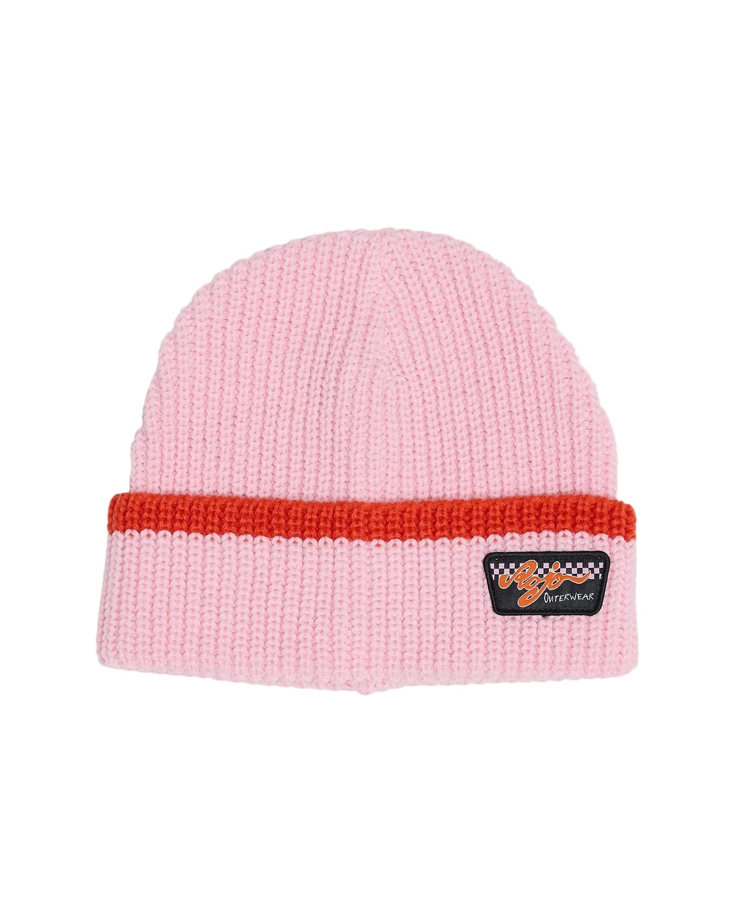 Rojo Ezy Beanie Pink beanie with a red band and logo on a light gray background