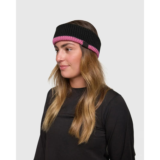 Rojo Chunky Headband Woman wearing a black and pink knit headband on a white background