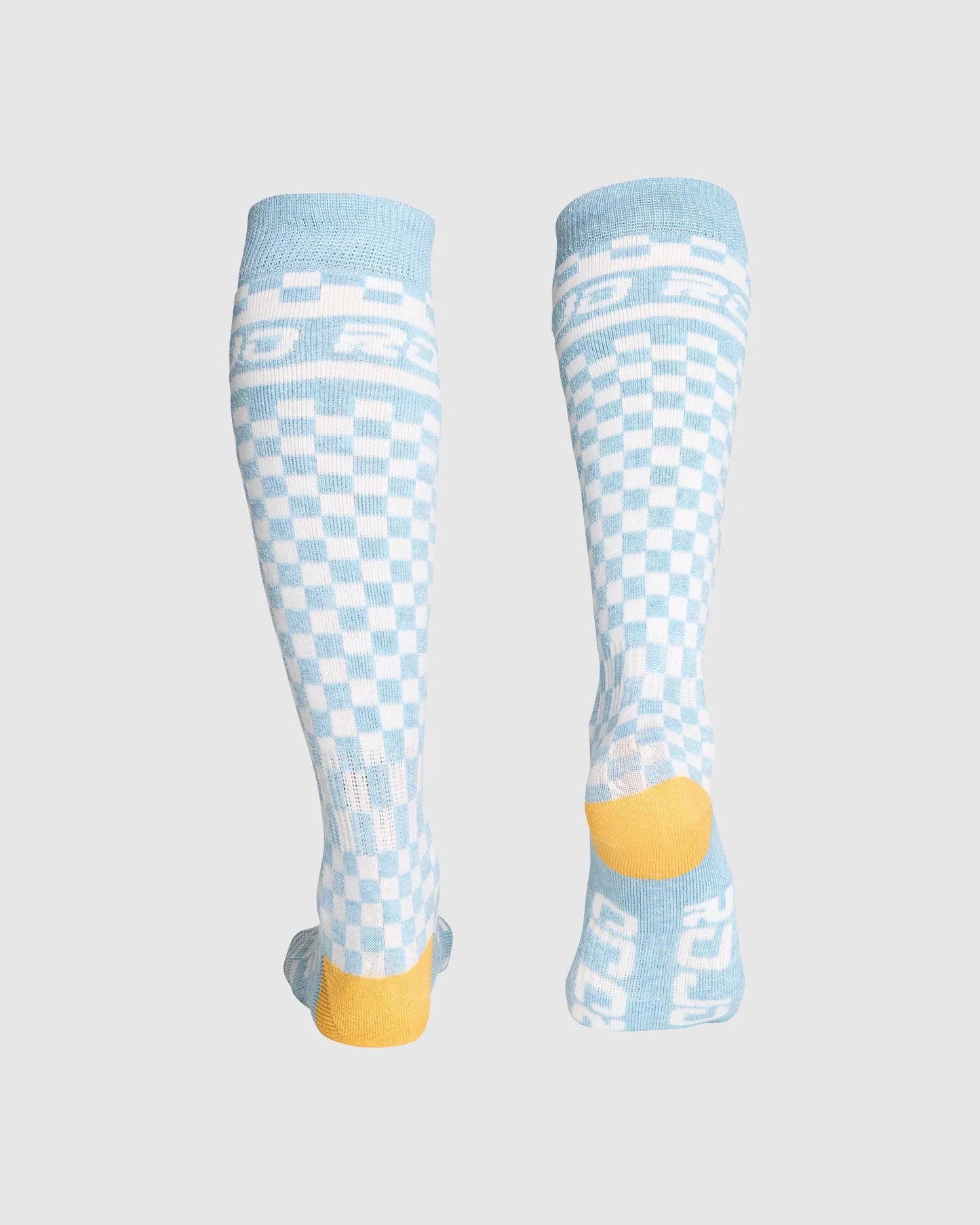 Rojo Checker Socks Pair of light blue knee-high socks with white patterns on a gray background