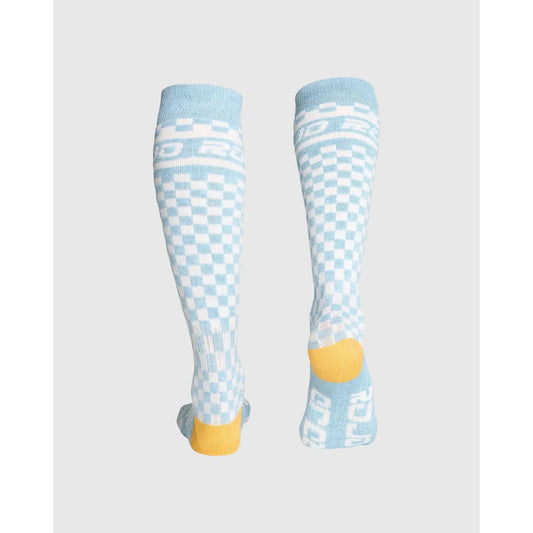 Rojo Checker Socks Pair of light blue knee-high socks with white patterns on a gray background