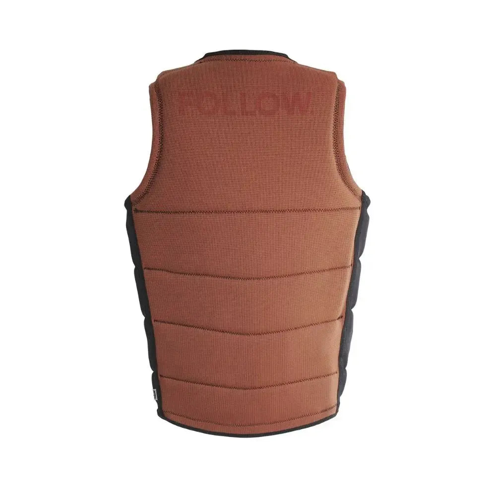 Brown wakeboard impact vest with padded back and black side panels, water sports gear