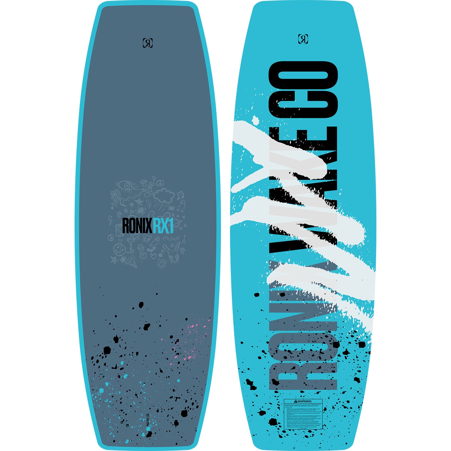 2027 Ronix RX1 Kids Wakeboard Dove Grey / Splattered Blue — topsheet and base
