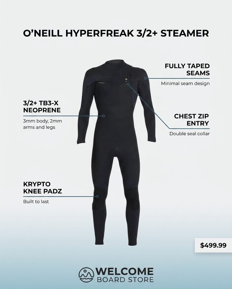 O'Neill HyperFreak 3/2+ Steamer Chest Zip wetsuit feature infographic - TB3-X neoprene, fully taped seams, chest zip entry, Krypto Knee Padz