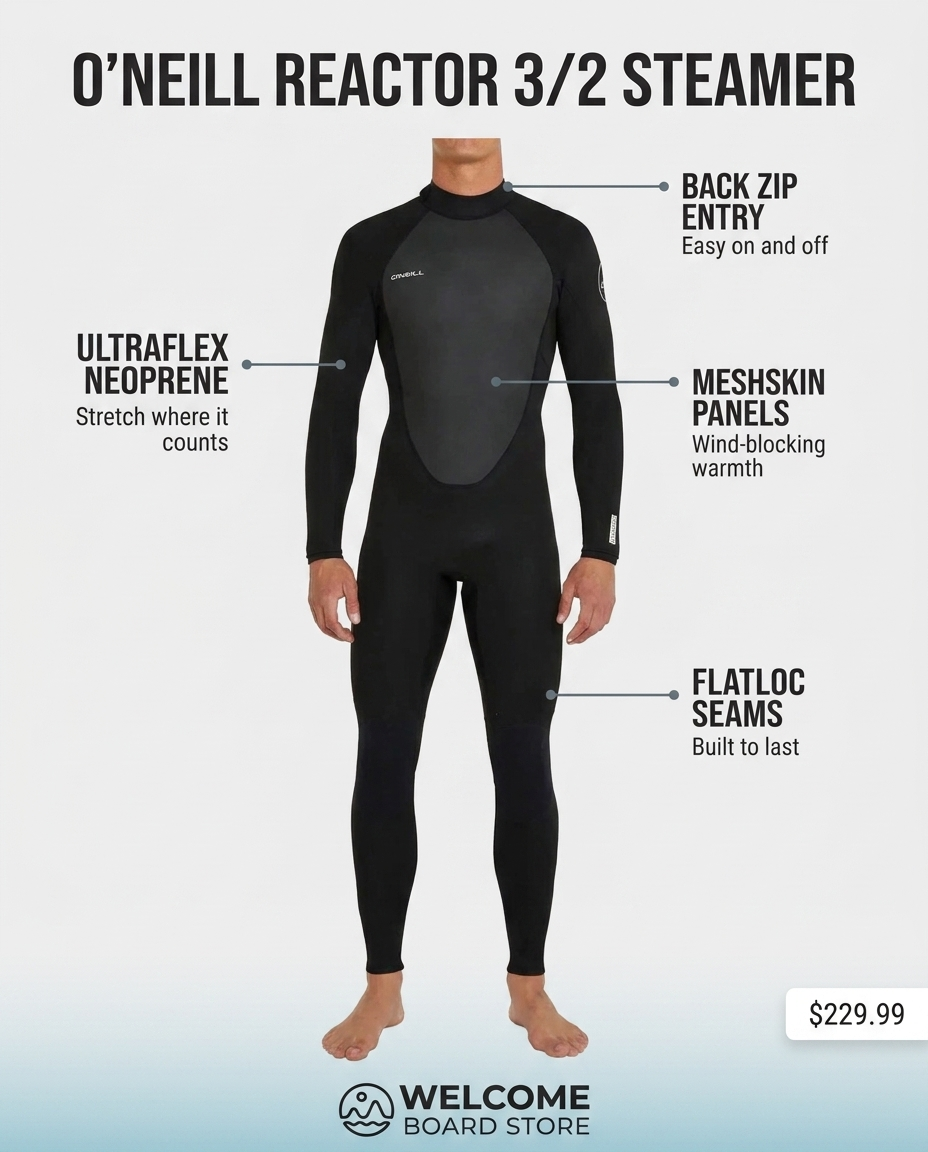 O'Neill Reactor 3/2 Steamer wetsuit feature infographic - UltraFlex neoprene, MeshSkin panels, back zip entry, FlatLoc seams