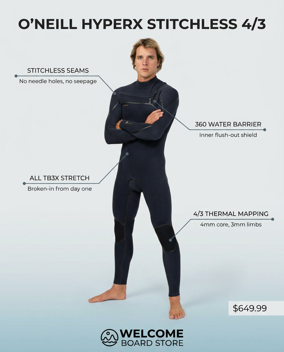 O'Neill HyperX Stitchless 4/3 Chest Zip wetsuit feature infographic - stitchless SST seams, all TB3X stretch, inner 360 water barrier, 4/3 thermal mapping
