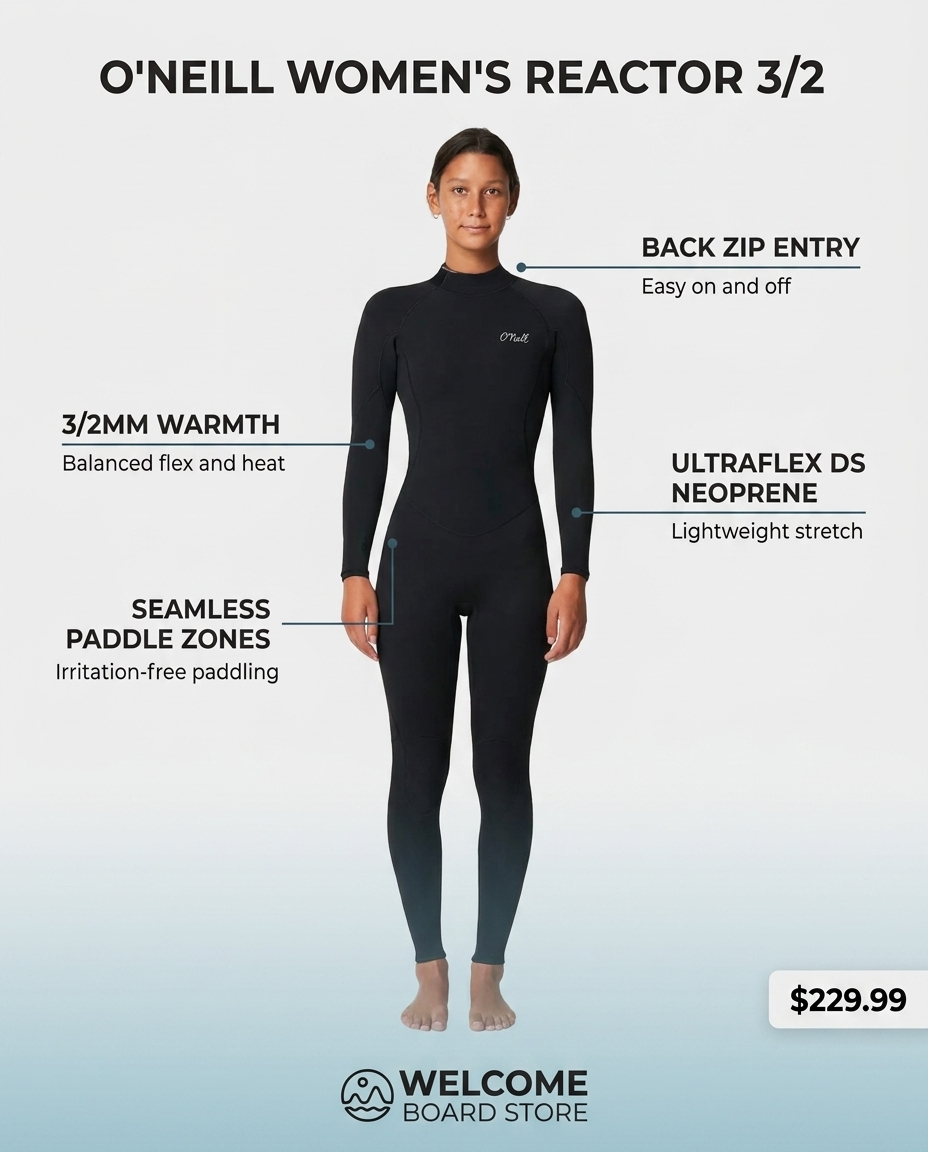O'Neill Women's Reactor 3/2 Back Zip wetsuit feature infographic - UltraFlex DS neoprene, 3/2mm warmth, seamless paddle zones, back zip entry