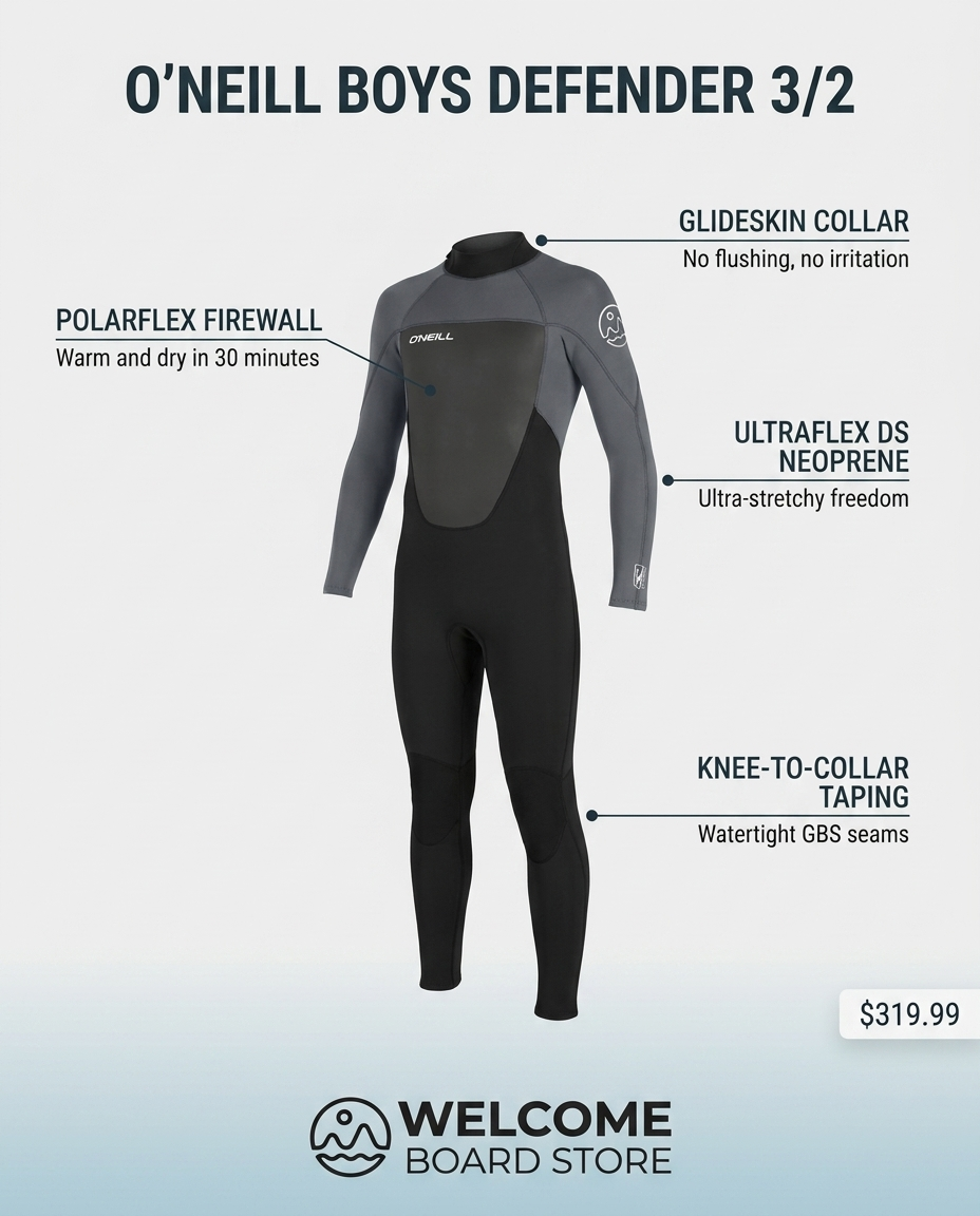 O'Neill Boys Defender 3/2 wetsuit feature infographic - PolarFlex Firewall lining, UltraFlex DS neoprene, knee-to-collar taped GBS seams, Glideskin collar