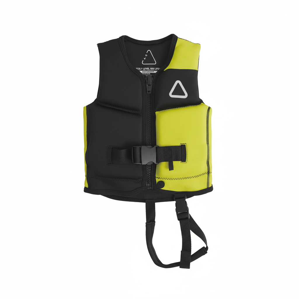 Black and yellow infant wakeboard vest on white background