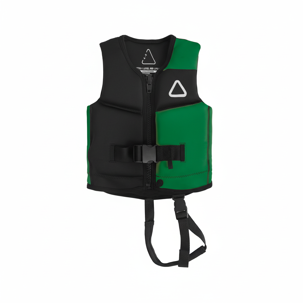 Black and green infant wakeboard vest on white background