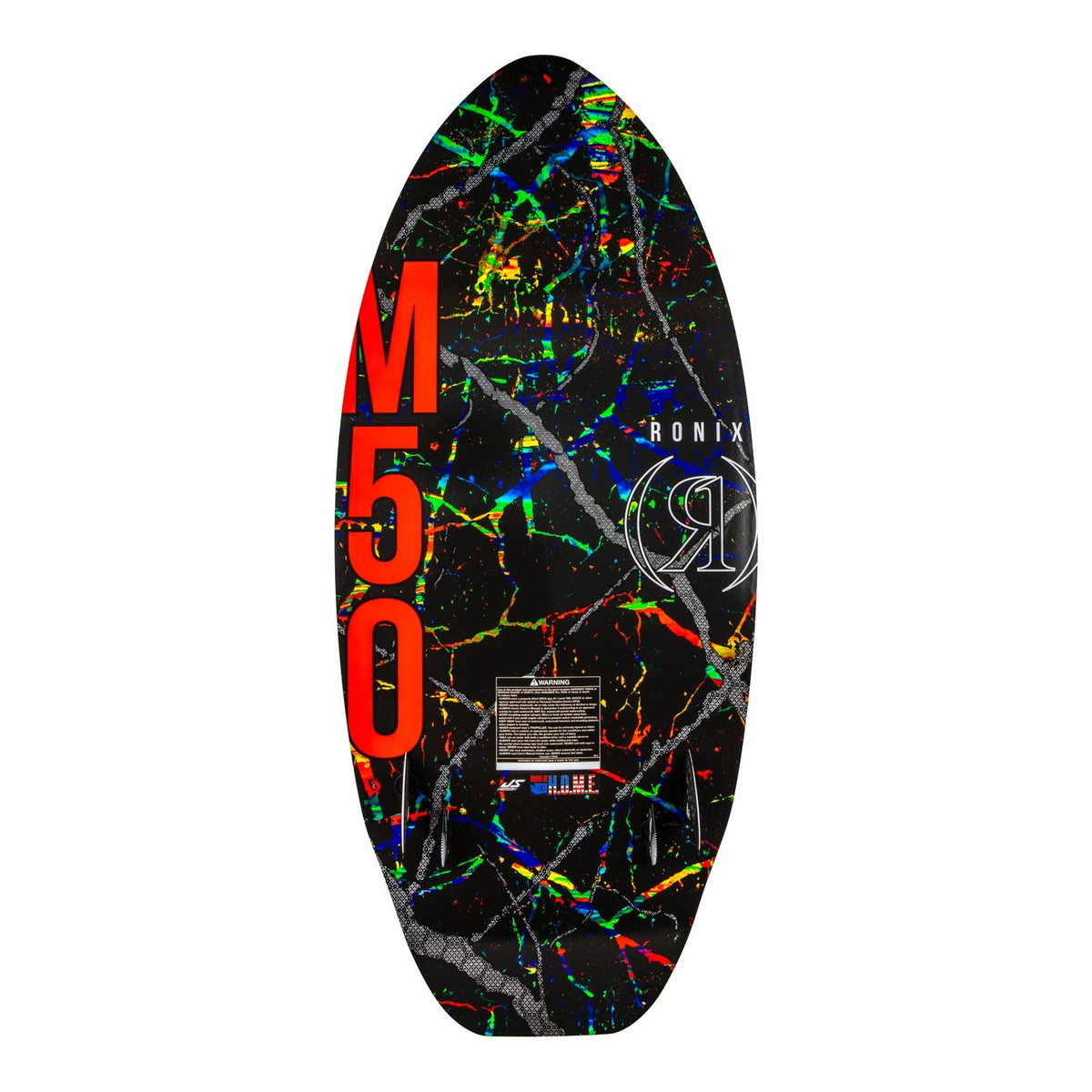 2027 Ronix M50 Dark Matter Wakesurf Distressed Color Palette — base with Cheese Grater fins