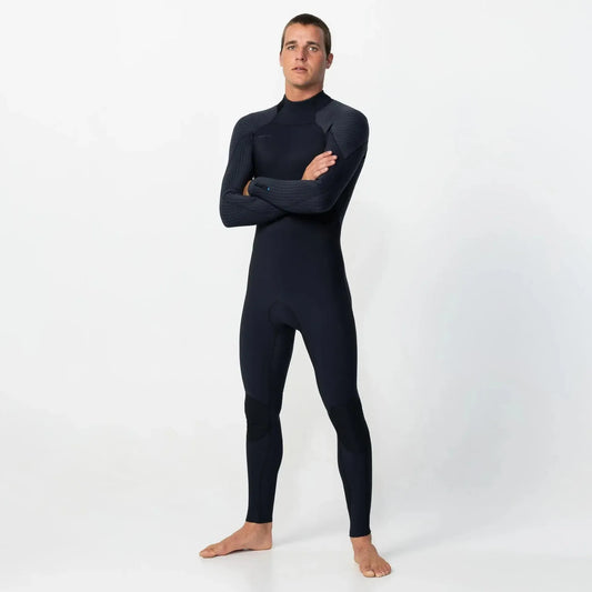 Man wearing a black wetsuit on a white background