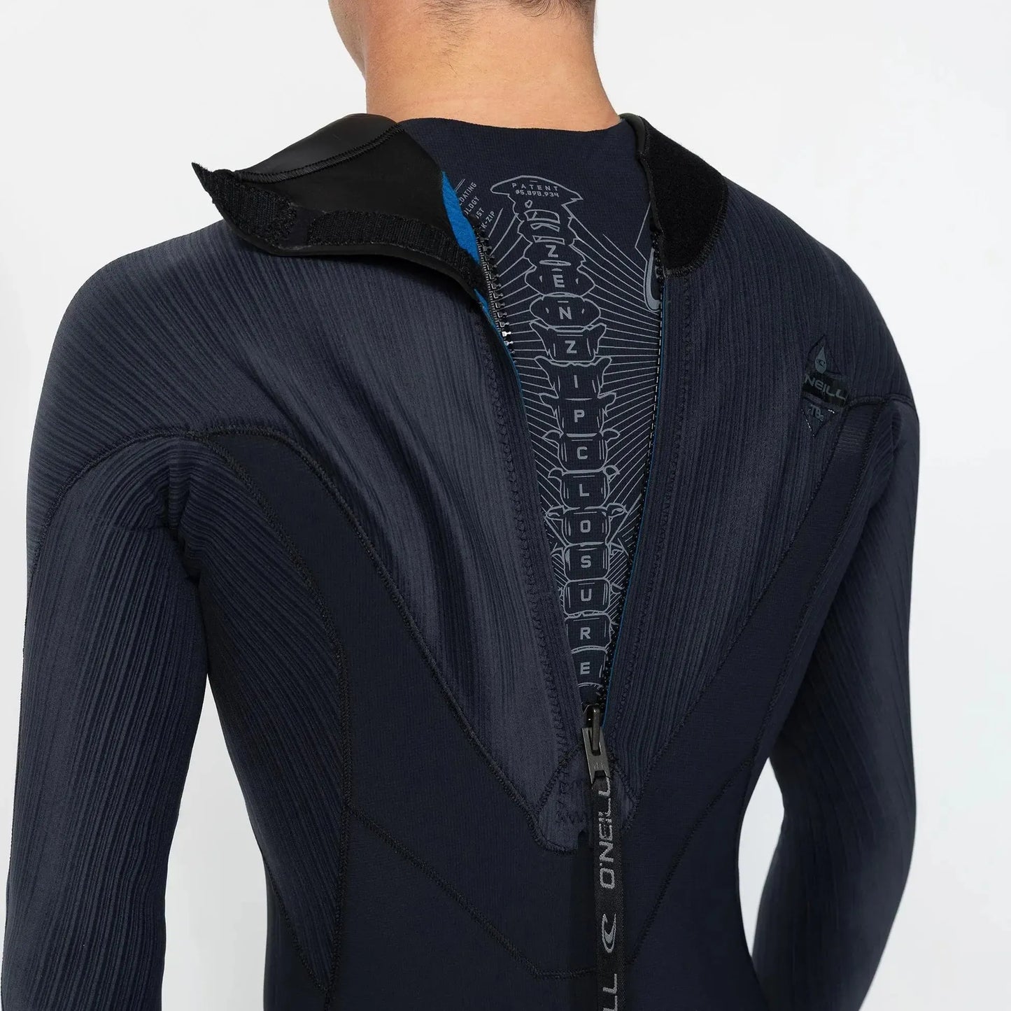Black wetsuit with intricate design on a white background