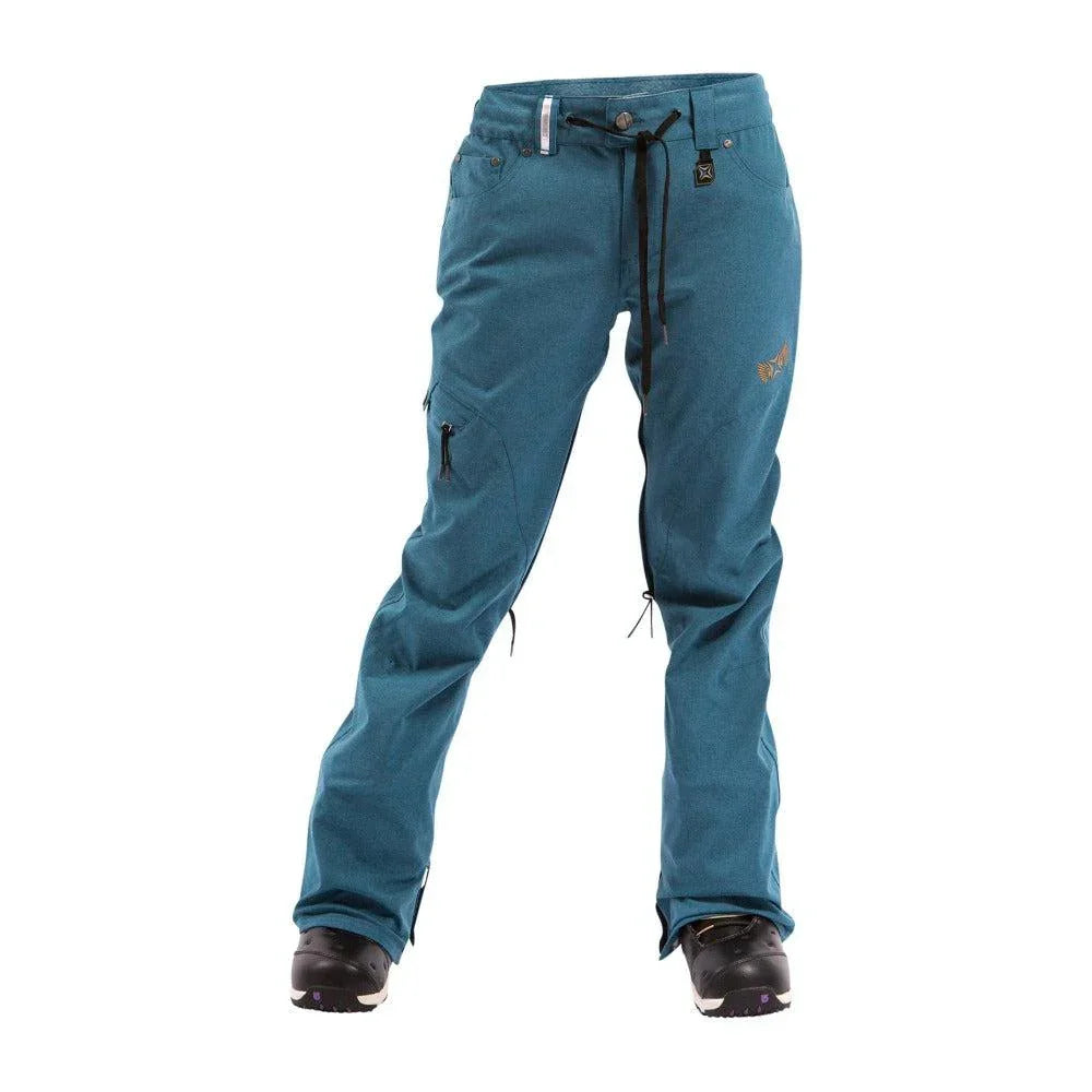 3CS Everheart women's teal snow pants with zip pockets and belt loops, front view