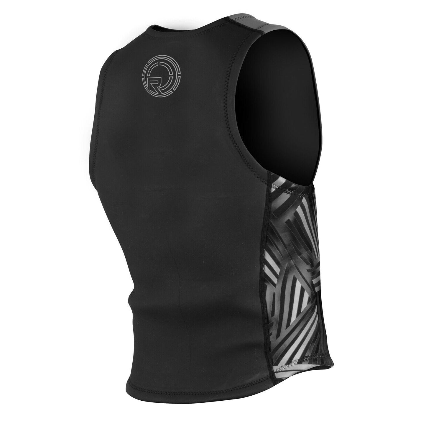 Ronix black wakeboard vest with geometric side panels, rear logo detailing, neoprene material