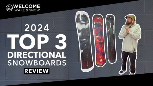 2024 top 3 directional snowboards review with three snowboards and a presenter at Welcome Boardstore.