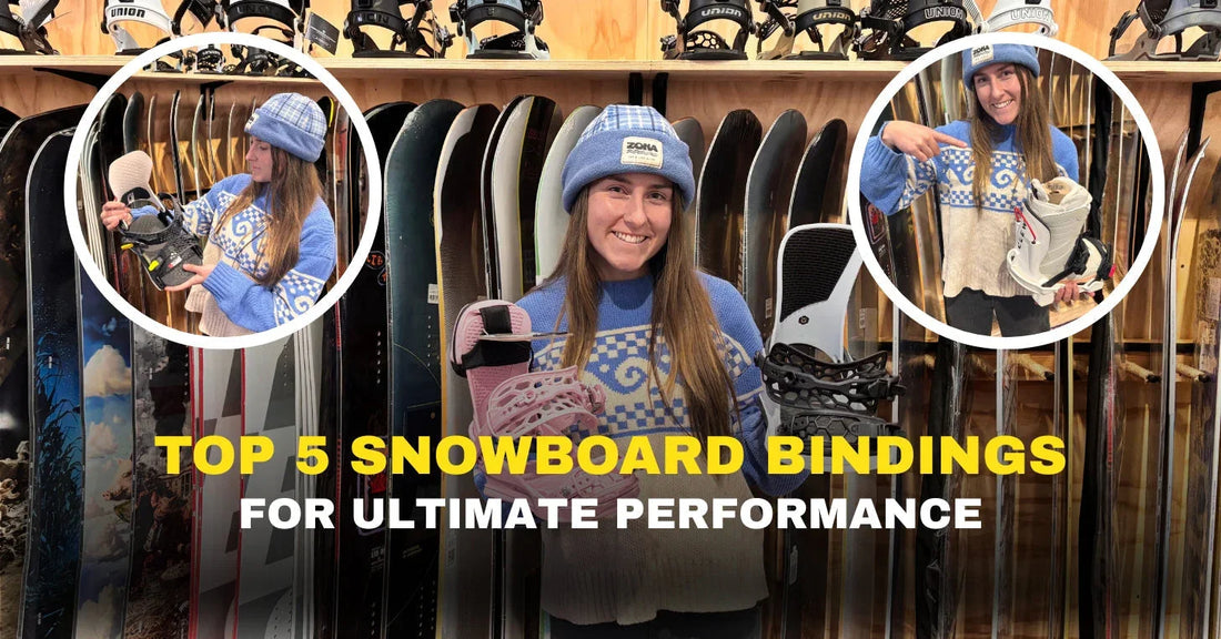 Woman in snowboard shop showcasing top snowboard bindings, with snowboards and gear display.