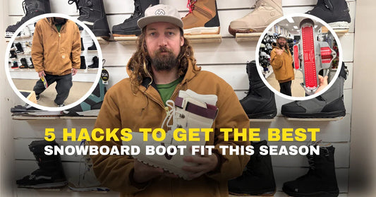 Man in a snowboard shop holding a snowboard boot, surrounded by various snowboard boots on display, with text '5 Hacks to Get the Best Snowboard Boot Fit This Season'.