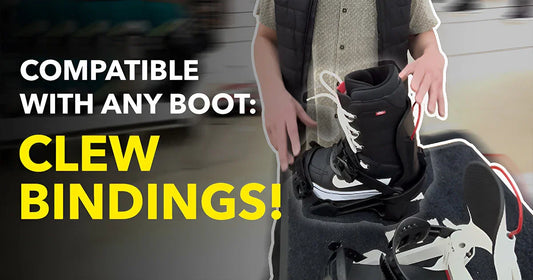 Person holding Clew snowboard binding with snowboard boot in a shop, text highlights compatibility.