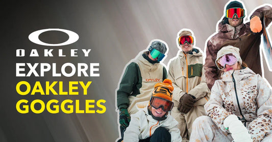 Group of snowboarders in snow gear wearing Oakley goggles, promoting snowboarding essentials