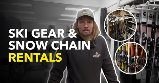 Welcome Boardstore staff member in store with ski gear, snow chain rentals, and ski equipment racks
