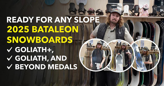 Man presenting 2025 Bataleon snowboards at Welcome Boardstore with featured models on display.