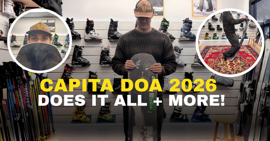 Shop interior with man holding Capita DOA 2026 snowboard, ski boots and gear at Boardstore Australia