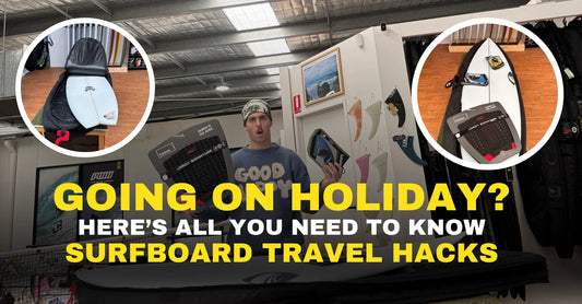 Man in surf shop holding surfboard travel accessories, text overlay 'Surfboard travel hacks'