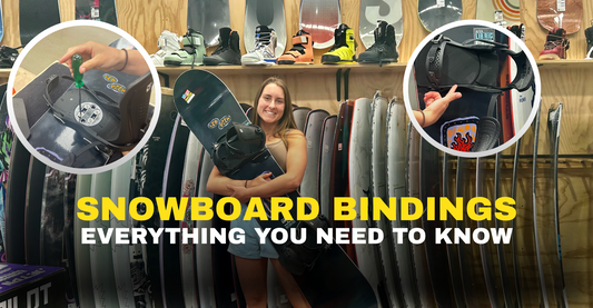 Woman holding snowboard with bindings in shop, surrounded by snowboards and boots, text overlay 'Snowboard Bindings Everything You Need to Know'.