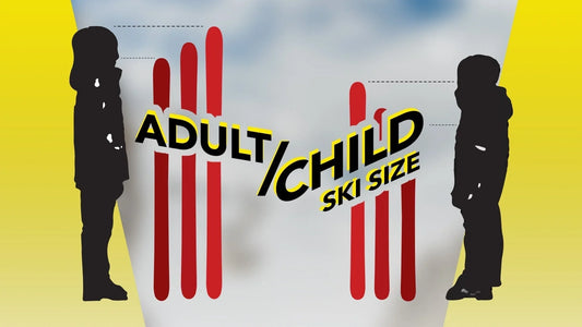 Adult and child silhouette comparing ski sizes chart on yellow background, ski equipment sizing guide