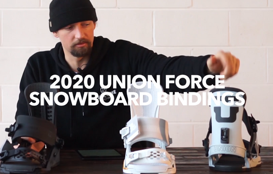 Man reviews 2020 Union Force snowboard bindings in black and white on table, Welcome Boardstore